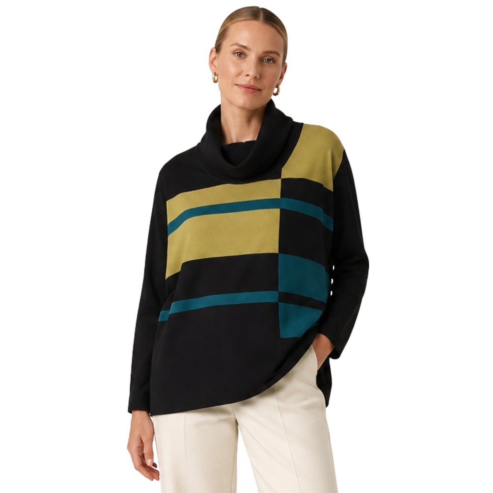 Misook Sweater Womens 3X Black Teal Chartreuse Cowl Neck Knit Geometric Striped